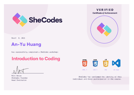 certifcate of SheCodes Workshop