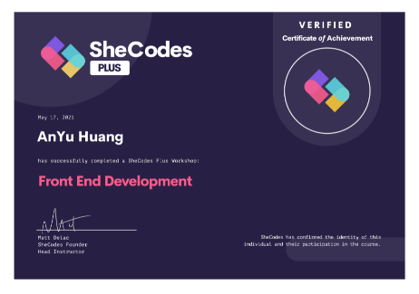 certificate of SheCodes Plus